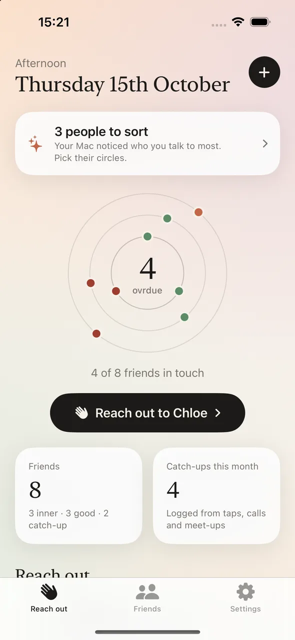 Ovrdue home screen: three rings with a dot for each friend, four overdue, and a button to reach out to Chloe